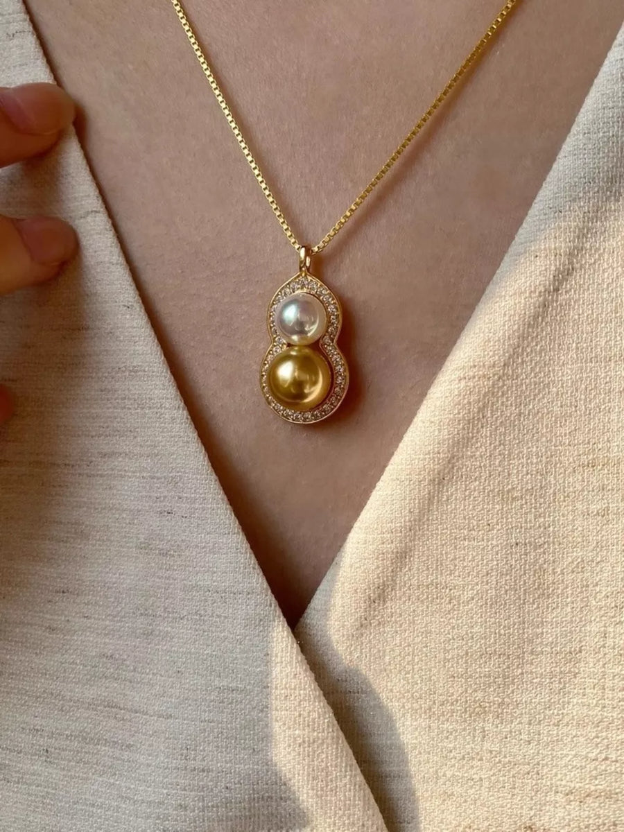 Gold gourd pendant necklace with pearls and diamonds on a box chain