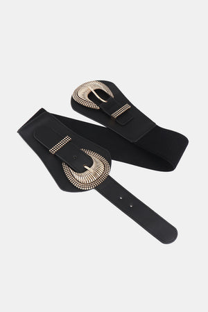 Black elastic corset belt with large gold sculpted buckle and beaded trim