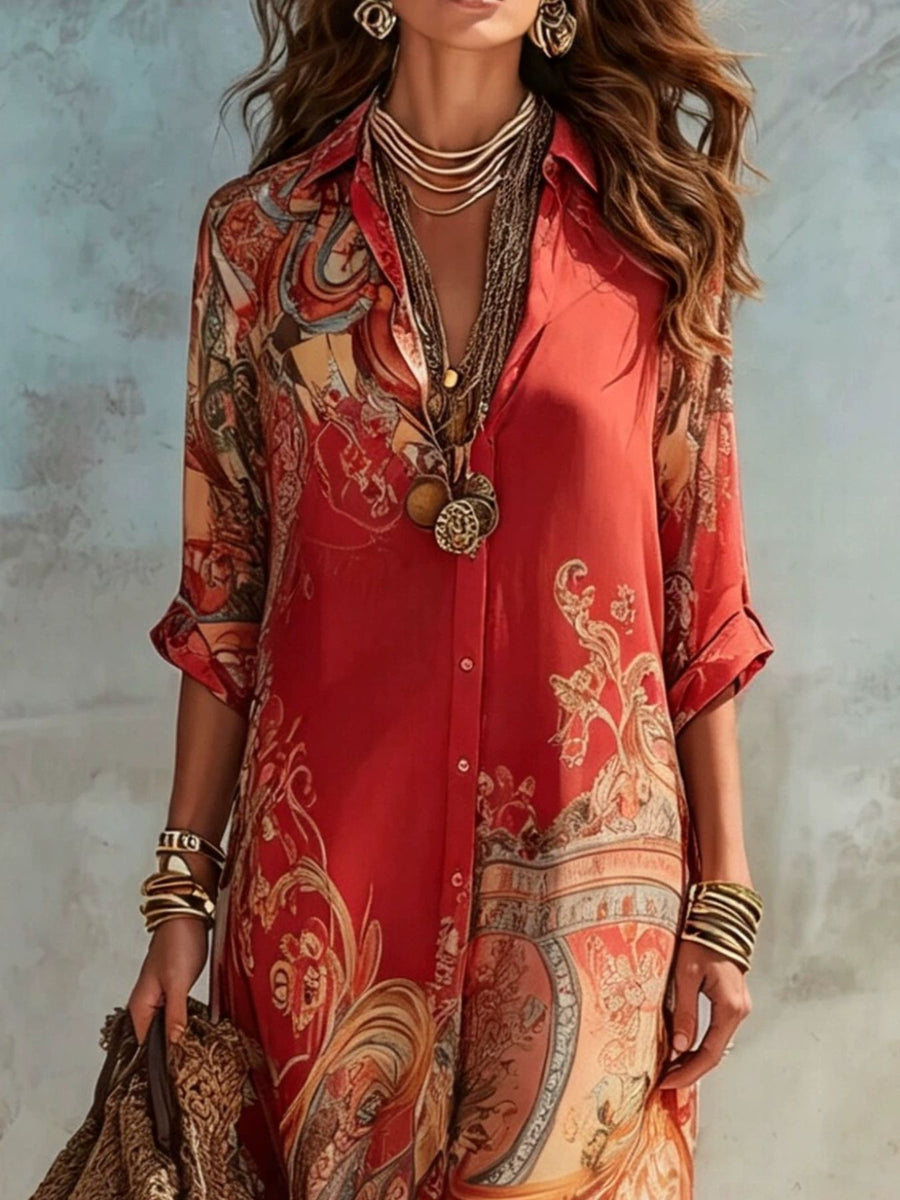 shirt dress in Red with ornate print and buttoned