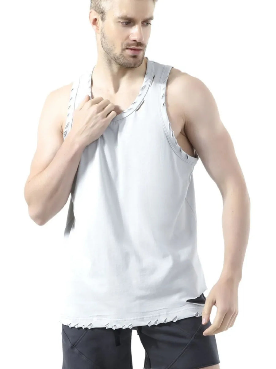 Gray relaxed fit tank top with raw edge detail on neckline and hem