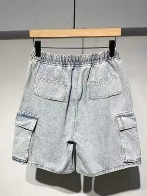 Men's light blue denim cargo shorts with elastic waist and drawstring.