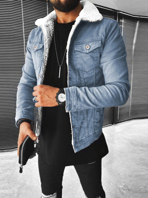 Light Blue denim jacket with hip-length and zip-front