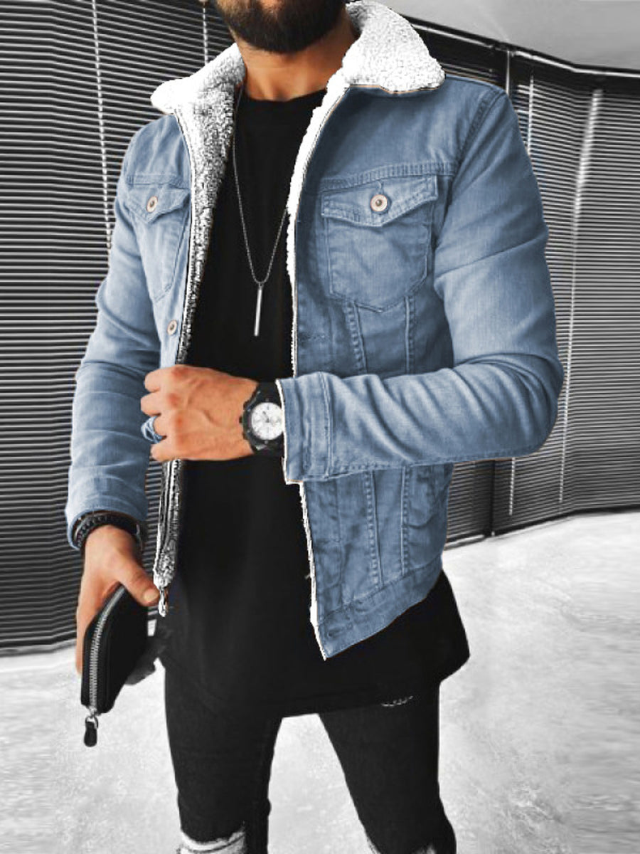 Light Blue denim jacket with hip-length and zip-front
