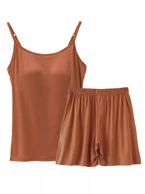 Caramel cami and shorts pajama set with adjustable straps and elastic waistband.