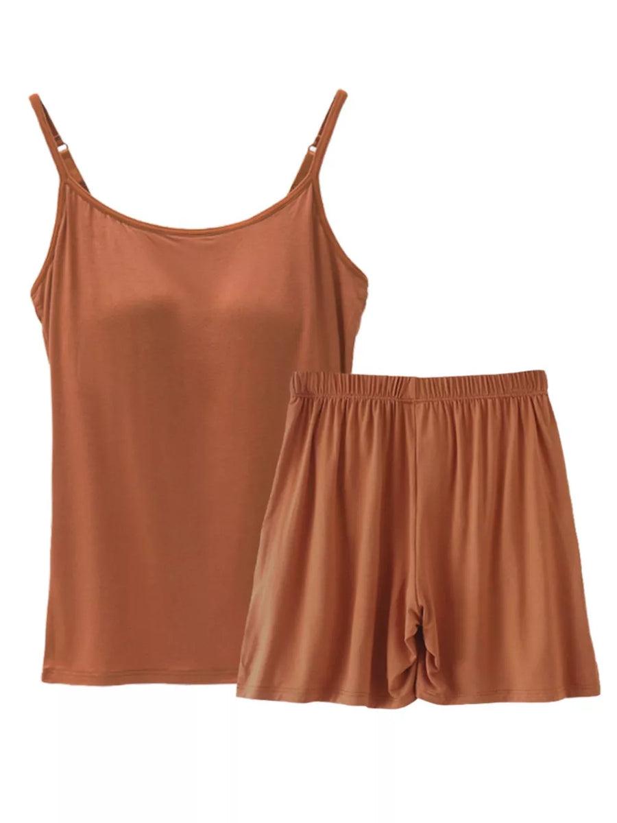 Caramel cami and shorts pajama set with adjustable straps and elastic waistband.