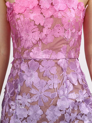 Sheer floral lace dress with pink and purple ombre, sleeveless, high neck.