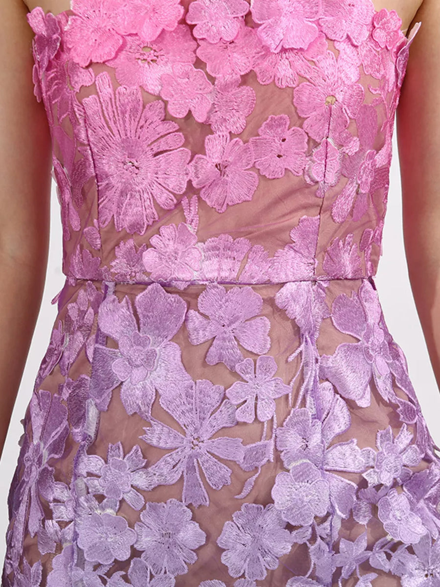 Sheer floral lace dress with pink and purple ombre, sleeveless, high neck.