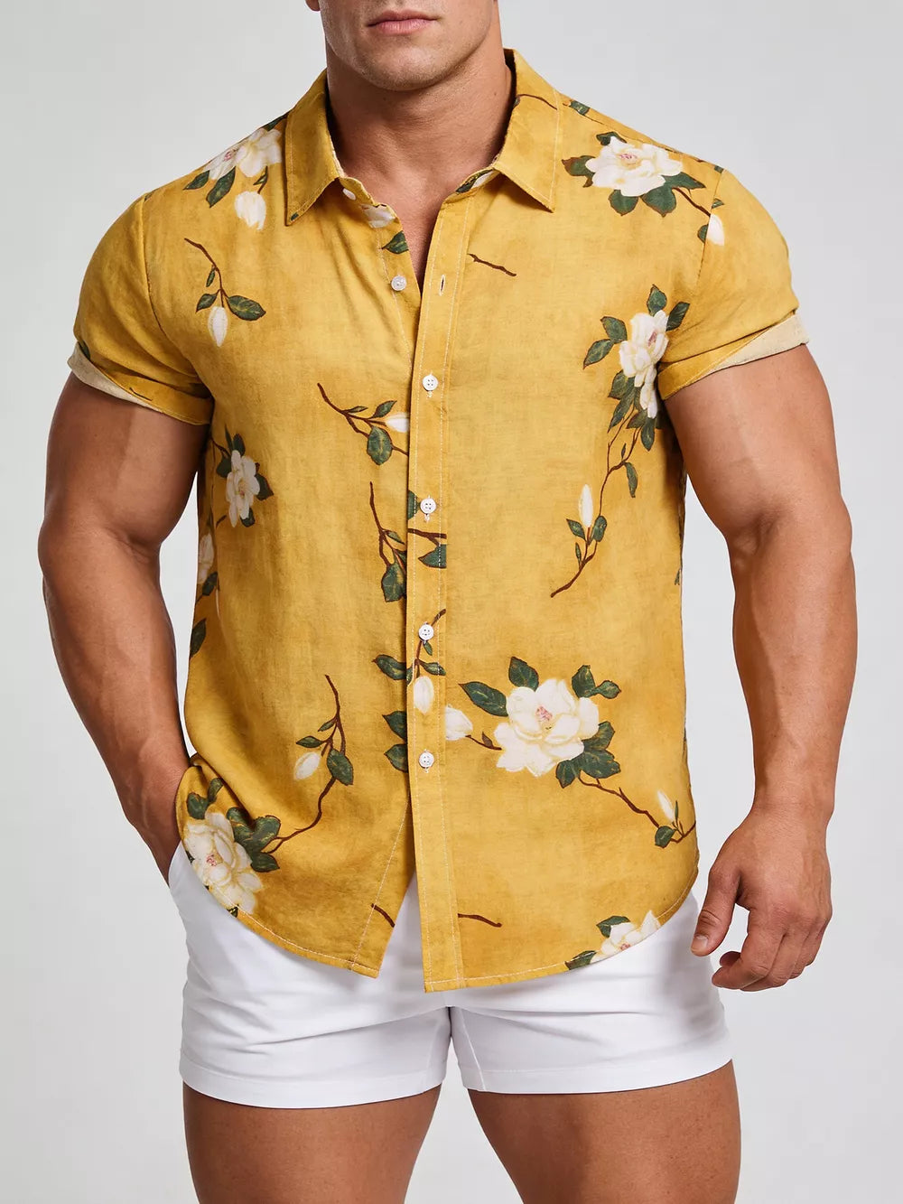 Gold Men's Plus Size Floral Print Short Sleeve Shirt