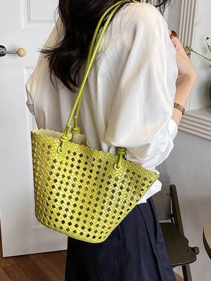 Woven Leather Shoulder Bag in Off-white with woven texture