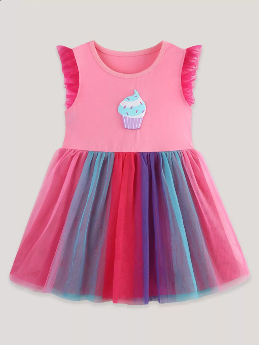 Pink baby dress with cupcake graphic, ruffled sleeves, and rainbow tulle skirt.