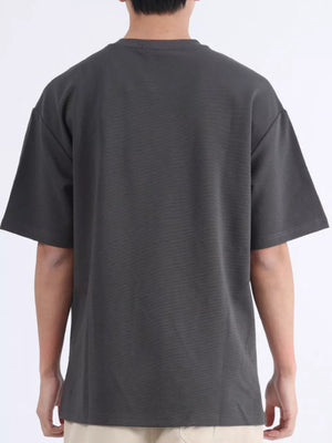 Men's dark gray cotton basic tee with subtle horizontal texture and round neck.