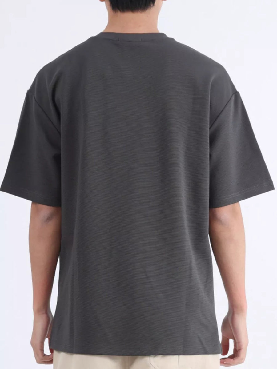 Men's dark gray cotton basic tee with subtle horizontal texture and round neck.