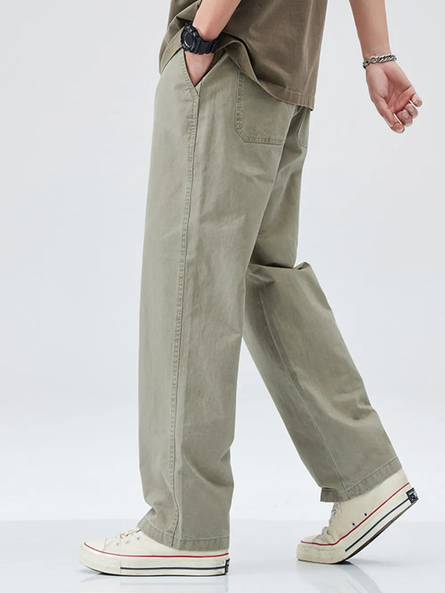 Men's sage loose-fit cargo pants with utility pockets and a relaxed cut.