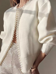 White with Pearl Trimmed Open Front Cardigan in White