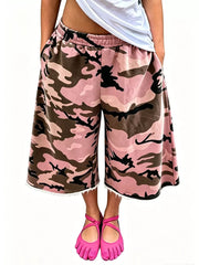 Green Camouflage Wide-leg Cropped Sweatpants With Pockets