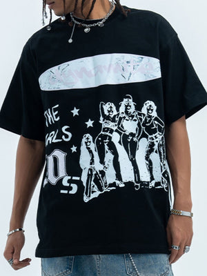 Black cotton graphic t-shirt with crew neck and oversized fit, featuring a white graphic print of women and text.