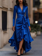 wrap dress in royal blue featuring frill and A-line fit