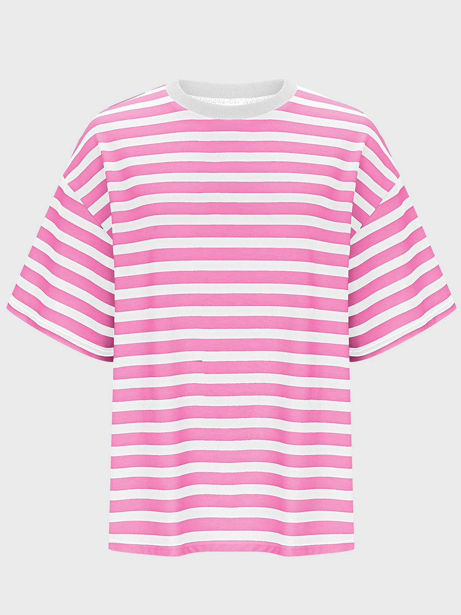 Oversized pink and white striped tee with dropped sleeves and crew neck.