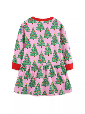 Pink Christmas tree print long-sleeve baby dress with red trim