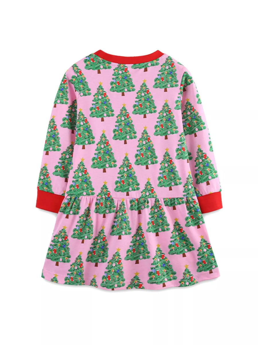 Pink Christmas tree print long-sleeve baby dress with red trim