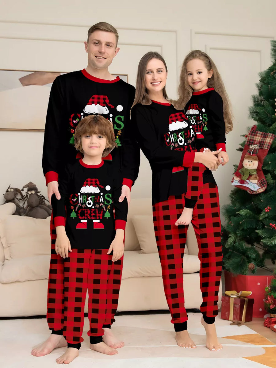red pajama set with plaid and crew neck
