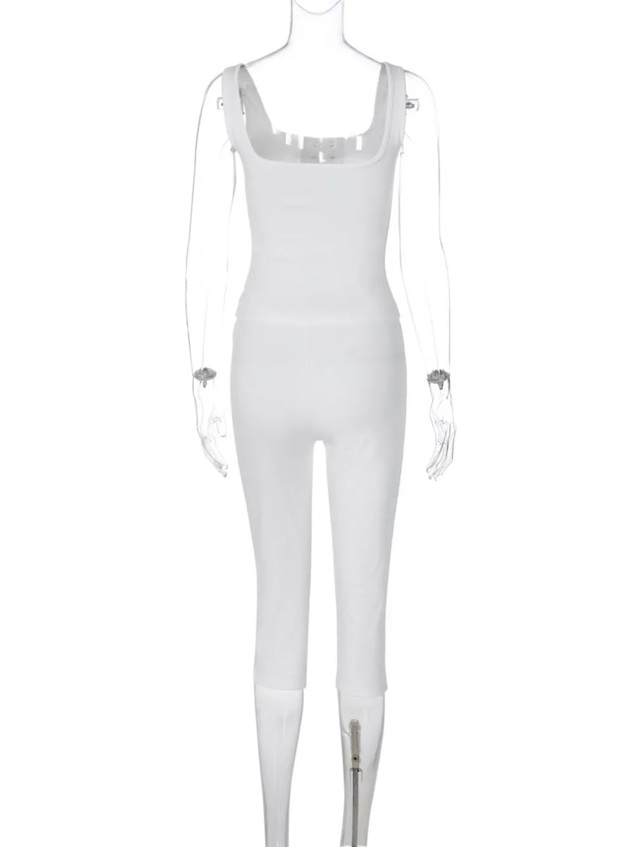 White ribbed lace-up tank top and capri pants set with zipper detail