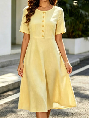 Tan Button Detail A-line Midi Dress