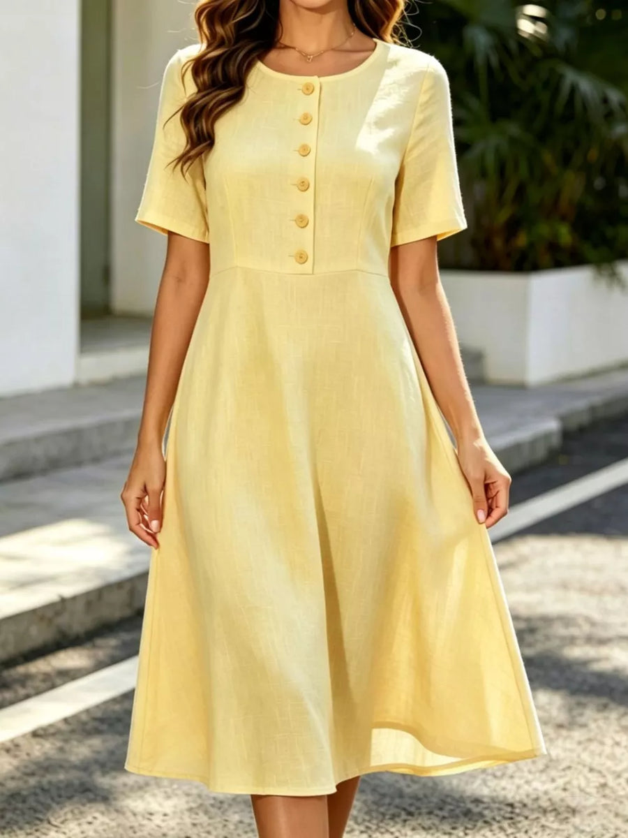 Tan Button Detail A-line Midi Dress