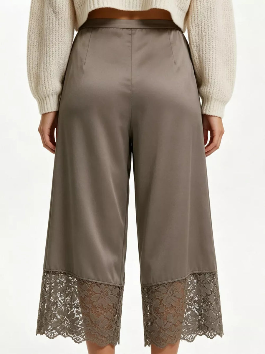 White with Lace Trim Wide-leg Cropped Pants