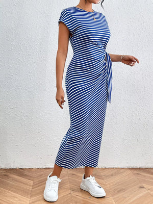 Blue and white striped midi dress with tie-side detail and short sleeves.