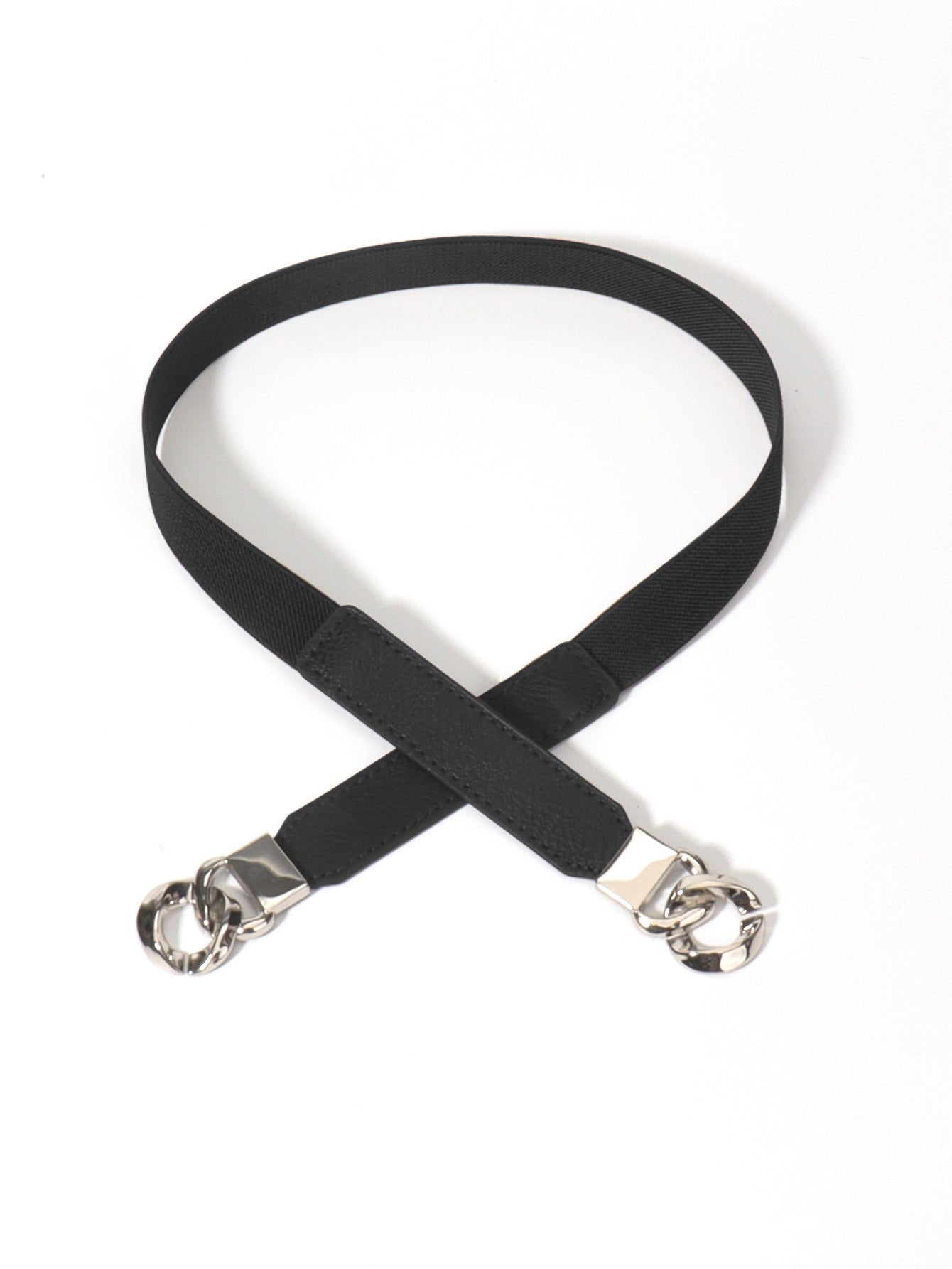 Black faux leather elastic belt with silver chain detail and hardware