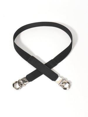 Black faux leather elastic belt with silver chain detail and hardware