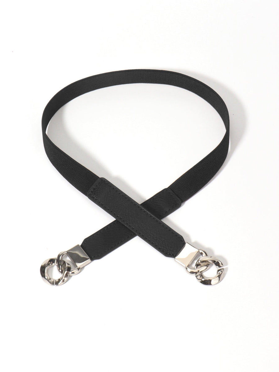 Black faux leather elastic belt with silver chain detail and hardware
