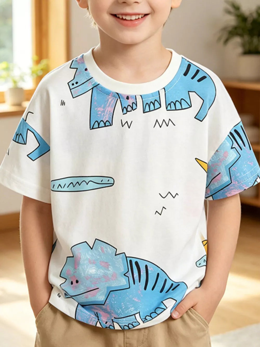 Kids white cotton t-shirt with blue dinosaur print and round neck