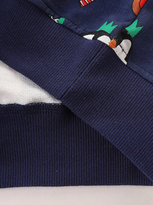 Children's dark navy cotton crew neck sweatshirt with Christmas penguin print and ribbed cuffs.