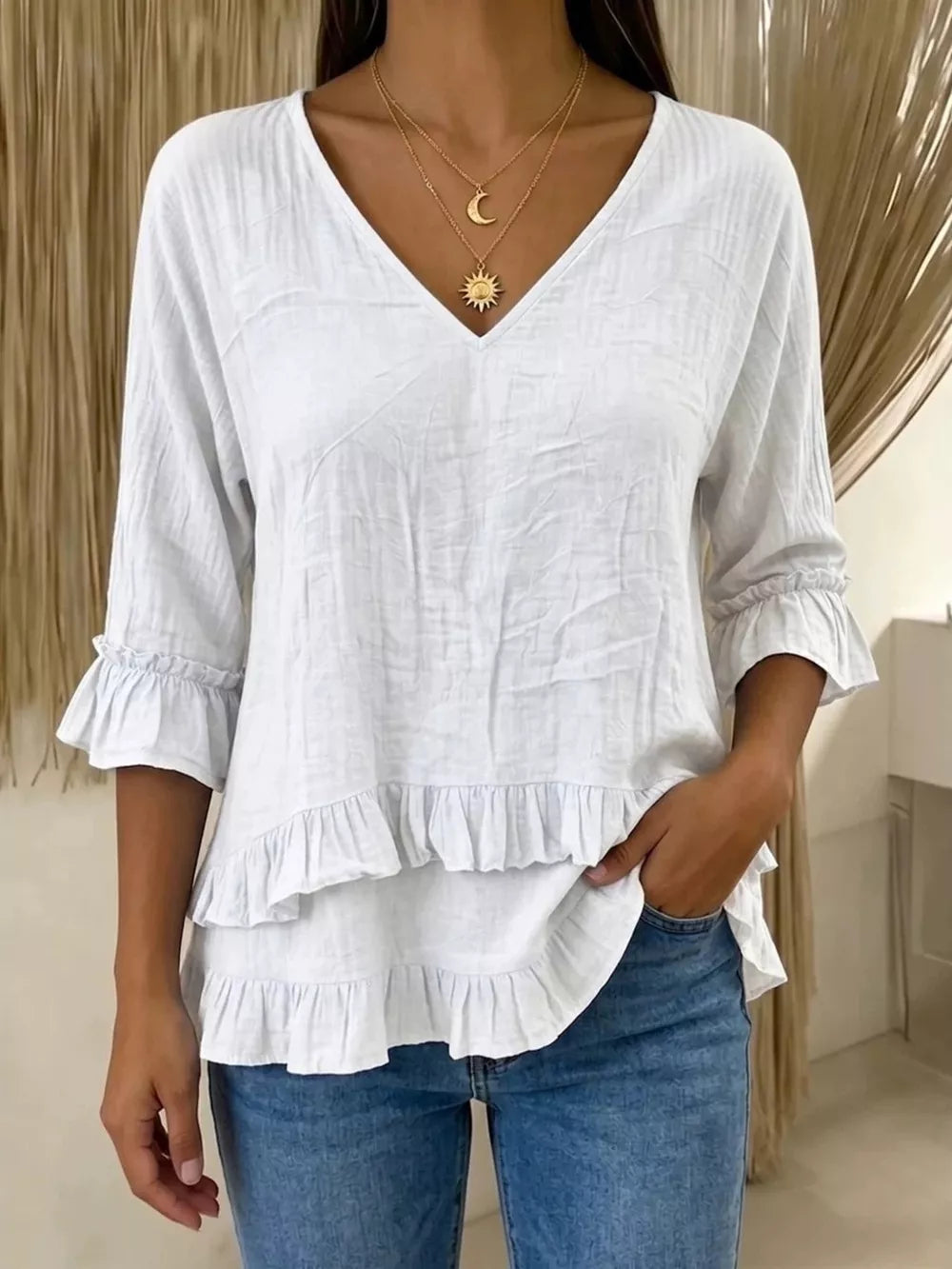 V-neck Ruffle Sleeve Top in Sky Blue