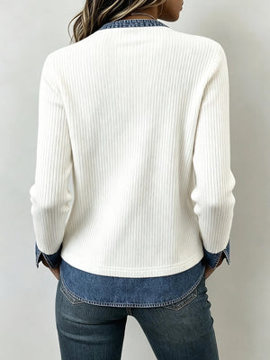 100% polyester Care instructions: Machine wash cold pullover sweater in denim blue with regular silhouette