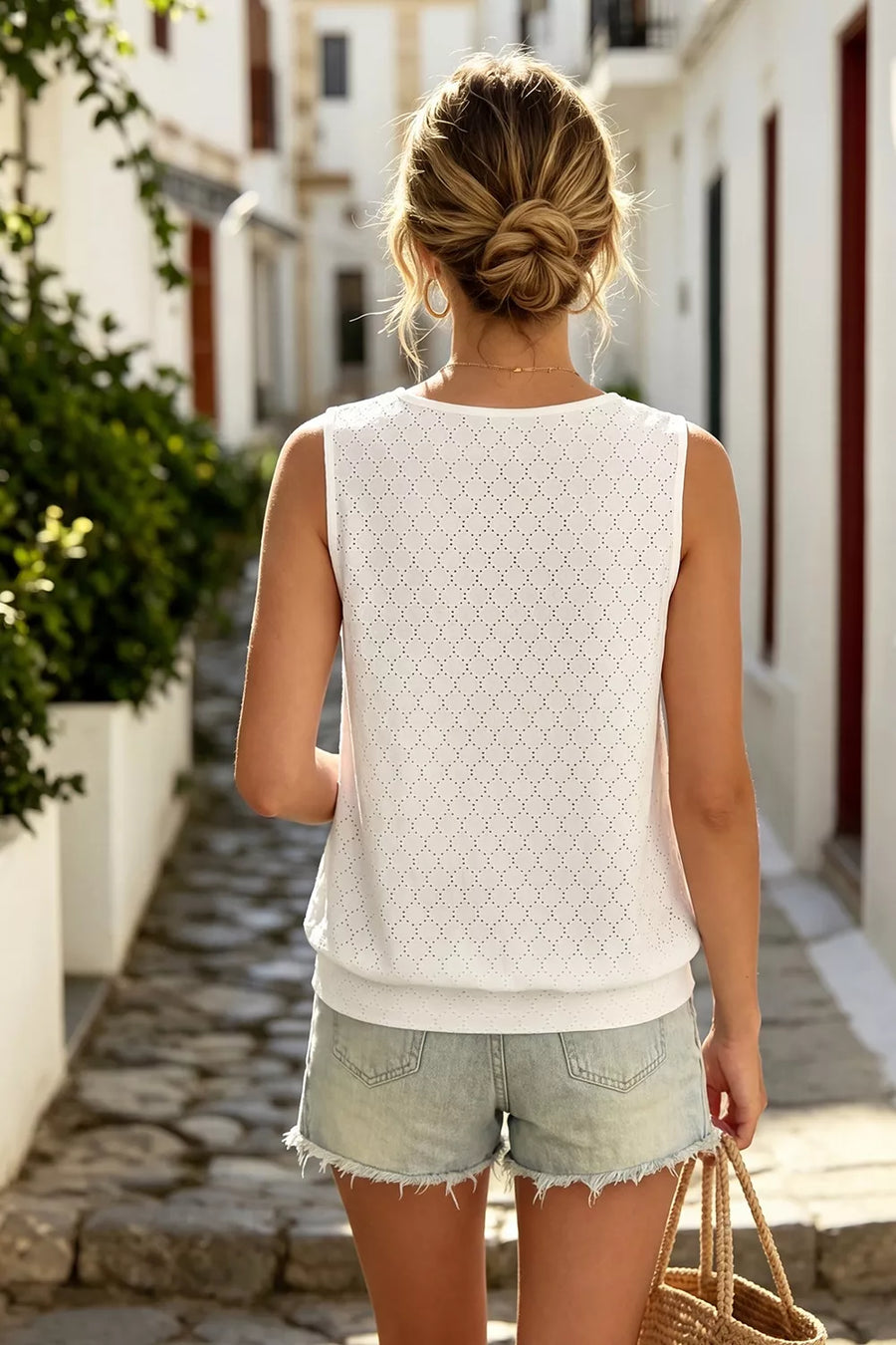 White with Eyelet Keyhole Neck Sleeveless Top