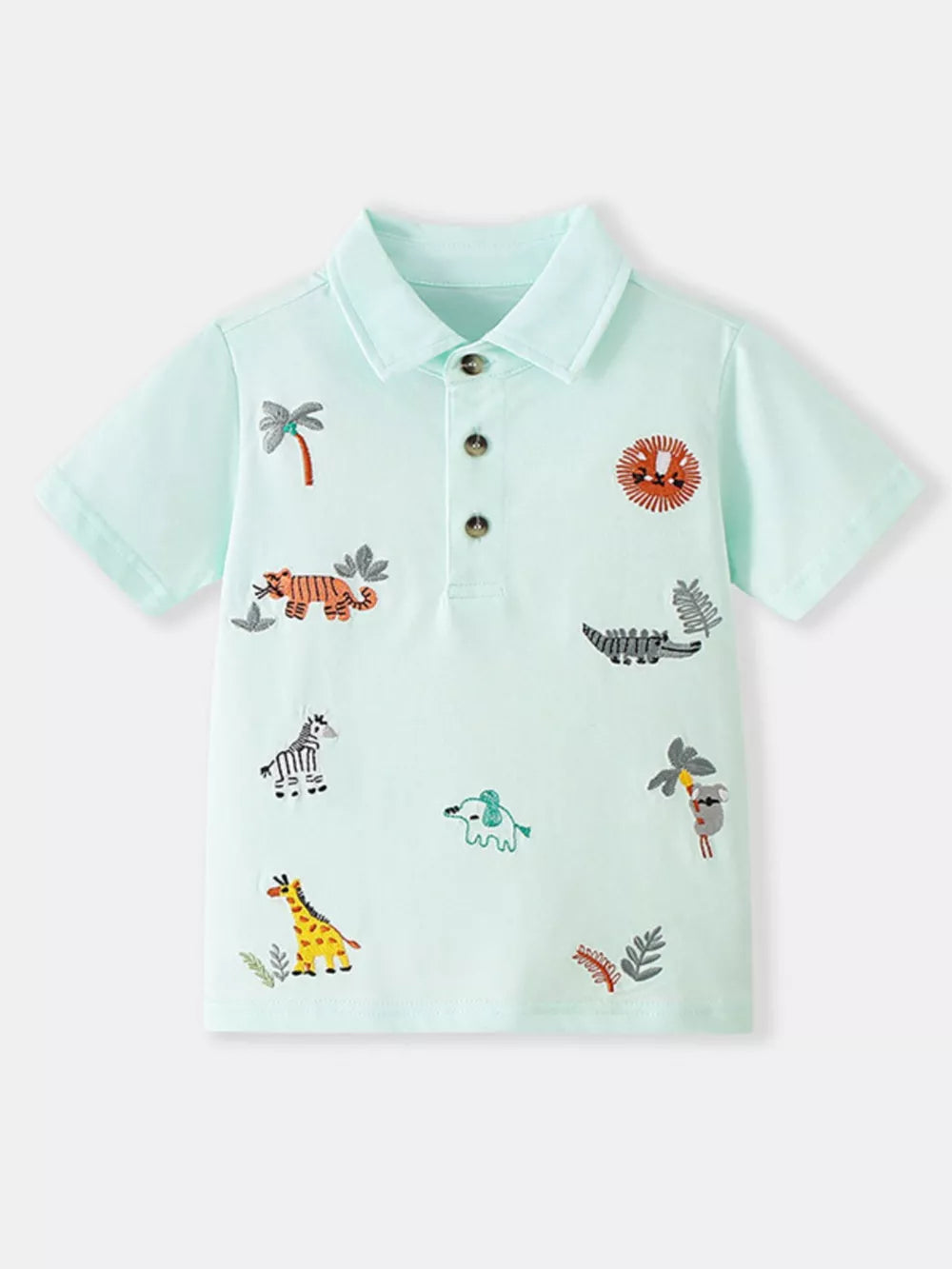 Light blue short sleeve polo shirt for kids with embroidered animals and palm trees.
