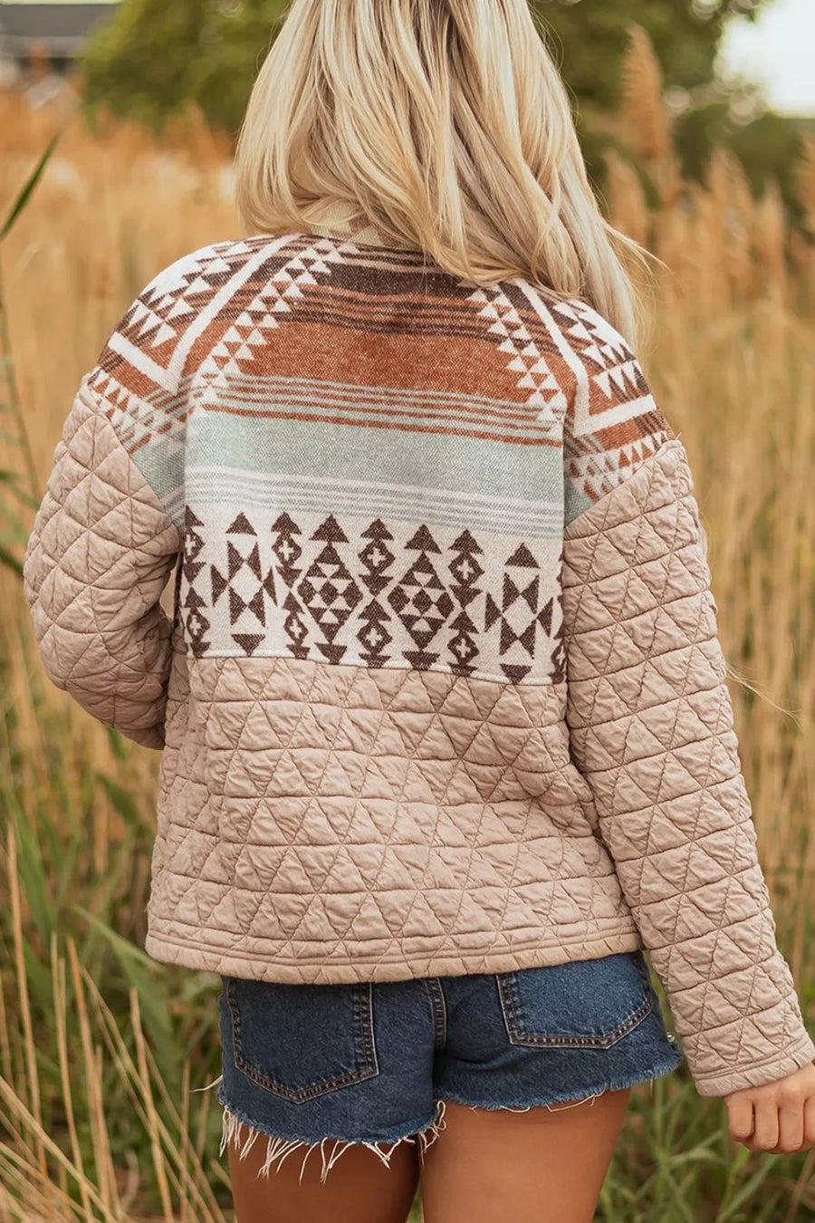 Camel with Aztec Quilted Patchwork Western Jacket in Camel