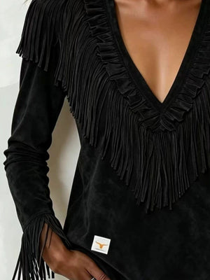 Fringed V-Neck Blouse in Dusty Pink