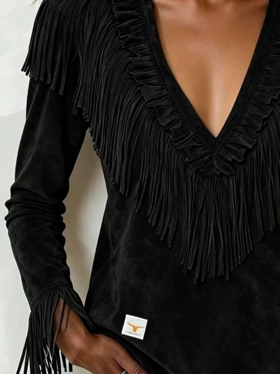 Fringed V-Neck Blouse in Dusty Pink