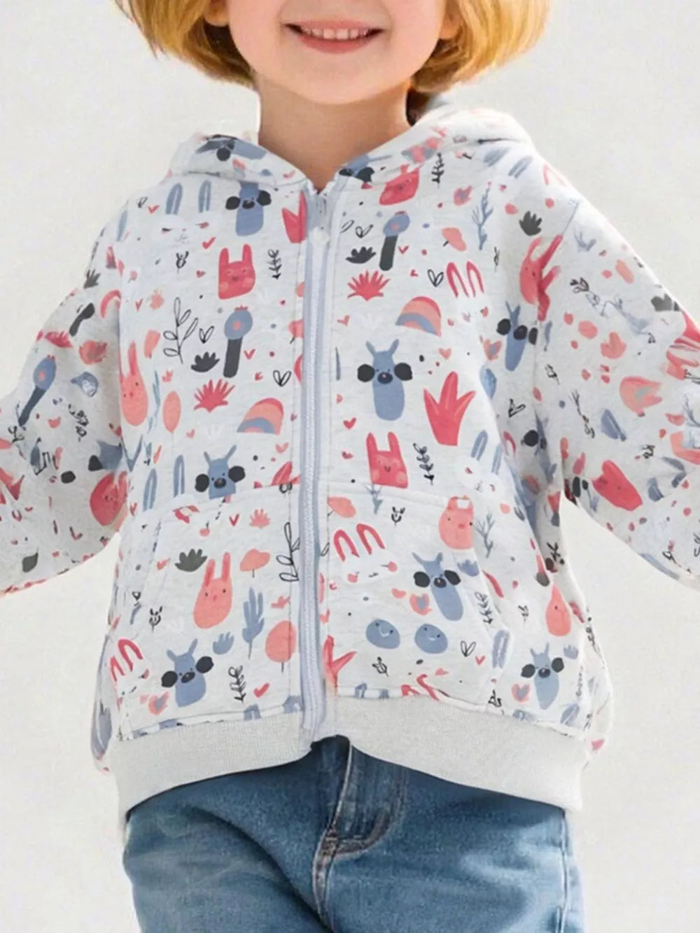 Toddler zip-up hoodie with cartoon bunnies and plants print, light gray cotton blend.