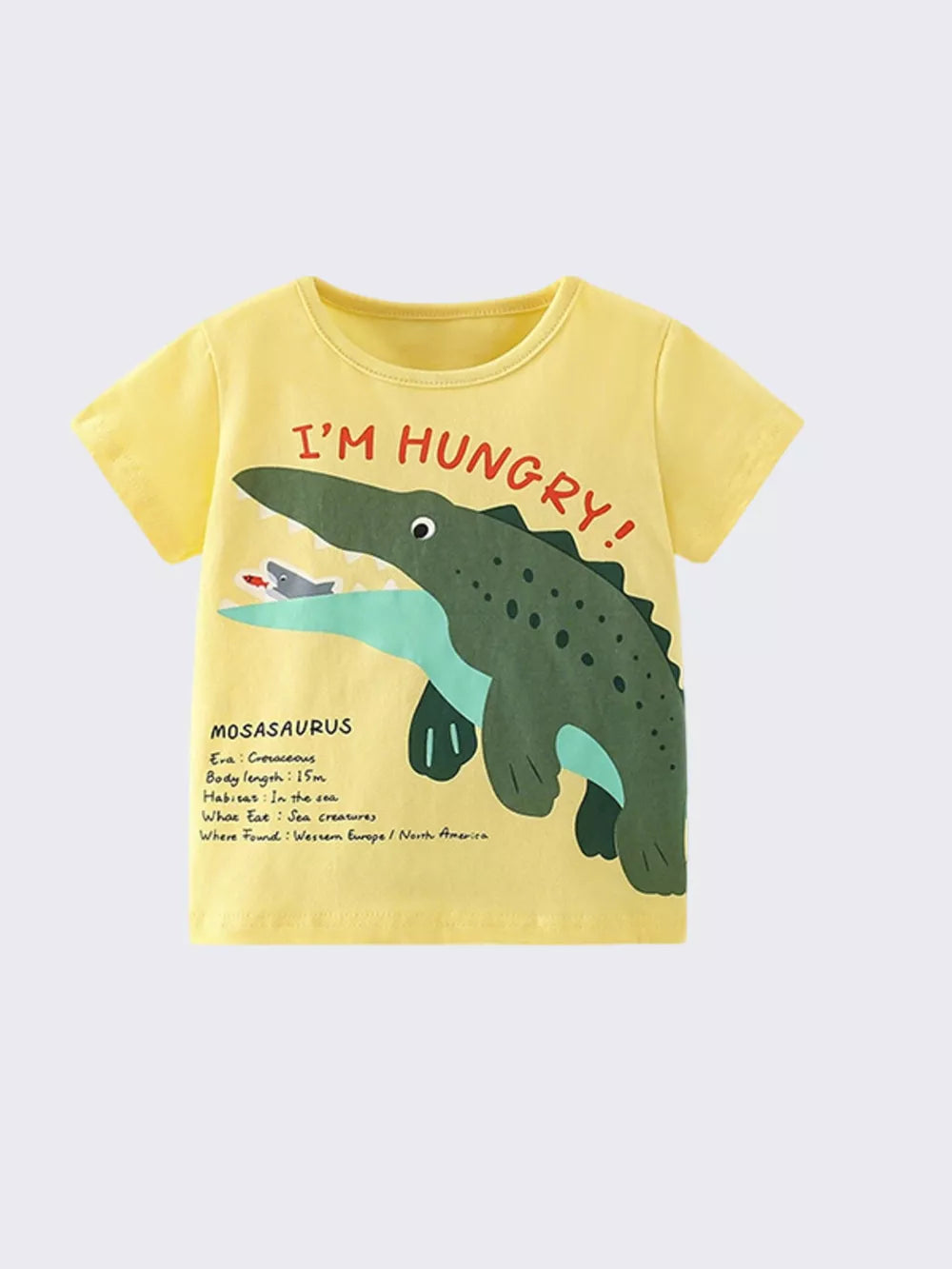 Yellow cotton t-shirt with Mosasaurus graphic and text "I'M HUNGRY!