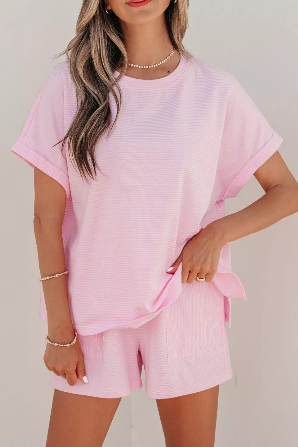 Pink striped cotton oversized tee and drawstring shorts loungewear set