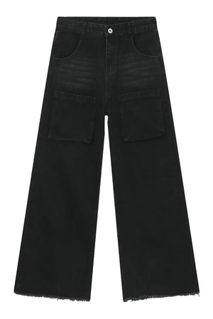 Dark wide-leg denim cargo pants with frayed hems and large front pockets.