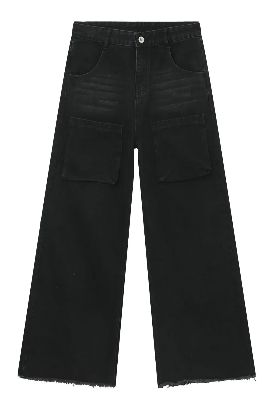 Dark wide-leg denim cargo pants with frayed hems and large front pockets.