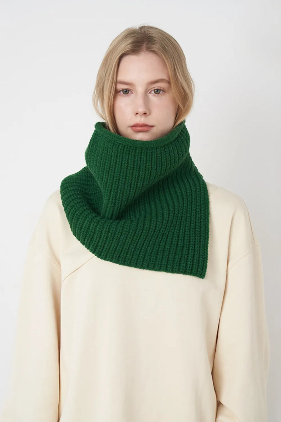 Dark green ribbed neck warmer with extended panel, cozy knit accessory