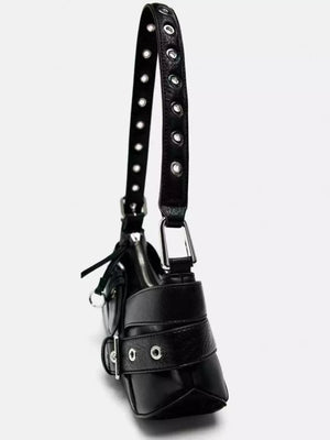 Black leather shoulder bag with buckle and grommet details
