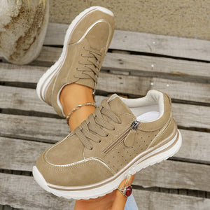 Fabric Chunky-Sole Round Toe Lace Up Sneakers in Gray with round toe